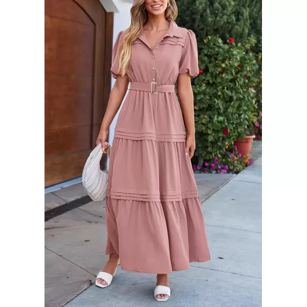 imagePRETTYGARDEN Womens Summer Maxi Dress Puff Short Sleeve Lapel V Neck Tiered A Line Flowy Elegant Party Dresses with BeltPink