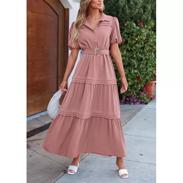 imagePRETTYGARDEN Womens Summer Maxi Dress Puff Short Sleeve Lapel V Neck Tiered A Line Flowy Elegant Party Dresses with BeltPink