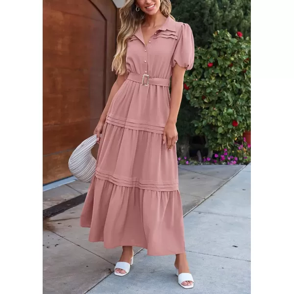 imagePRETTYGARDEN Womens Summer Maxi Dress Puff Short Sleeve Lapel V Neck Tiered A Line Flowy Elegant Party Dresses with BeltPink