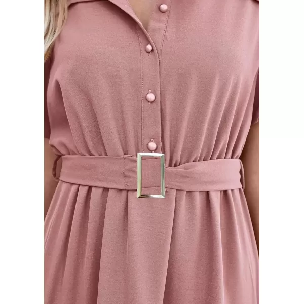 imagePRETTYGARDEN Womens Summer Maxi Dress Puff Short Sleeve Lapel V Neck Tiered A Line Flowy Elegant Party Dresses with BeltPink