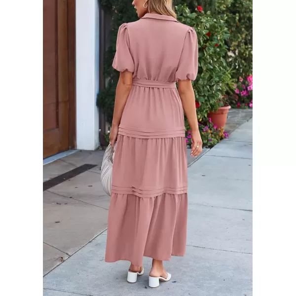imagePRETTYGARDEN Womens Summer Maxi Dress Puff Short Sleeve Lapel V Neck Tiered A Line Flowy Elegant Party Dresses with BeltPink