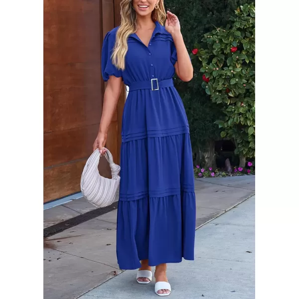 imagePRETTYGARDEN Womens Summer Maxi Dress Puff Short Sleeve Lapel V Neck Tiered A Line Flowy Elegant Party Dresses with BeltRoyal Blue