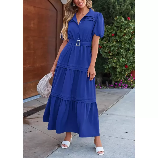 imagePRETTYGARDEN Womens Summer Maxi Dress Puff Short Sleeve Lapel V Neck Tiered A Line Flowy Elegant Party Dresses with BeltRoyal Blue