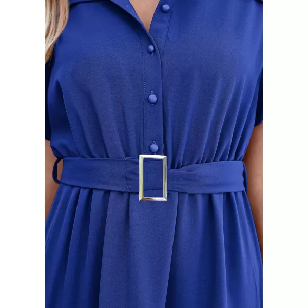 imagePRETTYGARDEN Womens Summer Maxi Dress Puff Short Sleeve Lapel V Neck Tiered A Line Flowy Elegant Party Dresses with BeltRoyal Blue