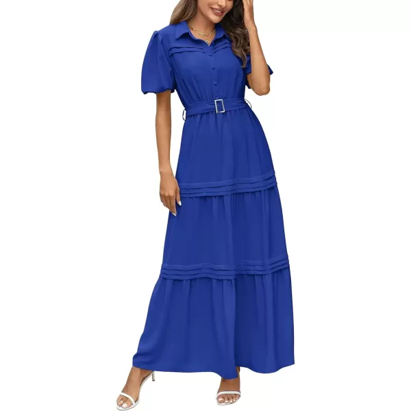 imagePRETTYGARDEN Womens Summer Maxi Dress Puff Short Sleeve Lapel V Neck Tiered A Line Flowy Elegant Party Dresses with BeltRoyal Blue