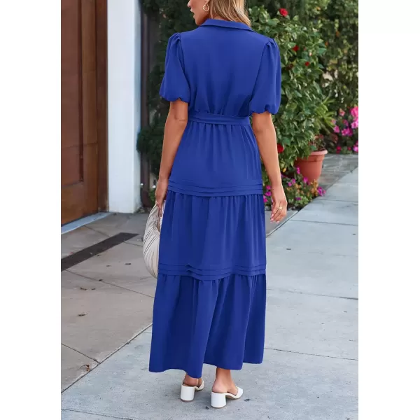 imagePRETTYGARDEN Womens Summer Maxi Dress Puff Short Sleeve Lapel V Neck Tiered A Line Flowy Elegant Party Dresses with BeltRoyal Blue