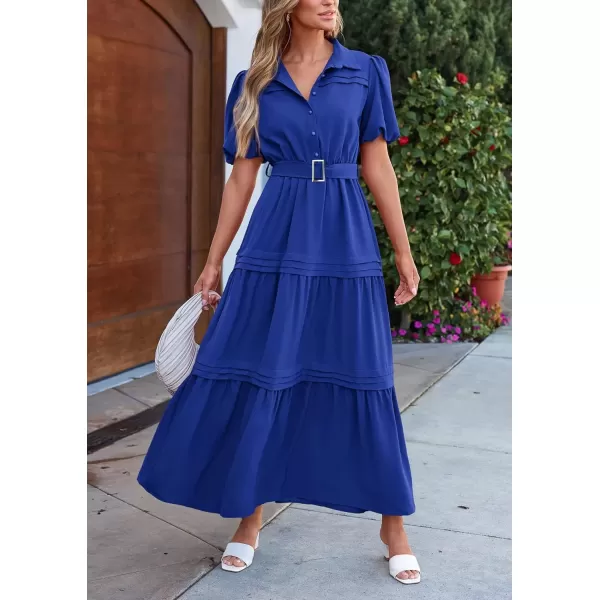 imagePRETTYGARDEN Womens Summer Maxi Dress Puff Short Sleeve Lapel V Neck Tiered A Line Flowy Elegant Party Dresses with BeltRoyal Blue