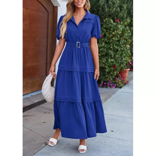 imagePRETTYGARDEN Womens Summer Maxi Dress Puff Short Sleeve Lapel V Neck Tiered A Line Flowy Elegant Party Dresses with BeltRoyal Blue