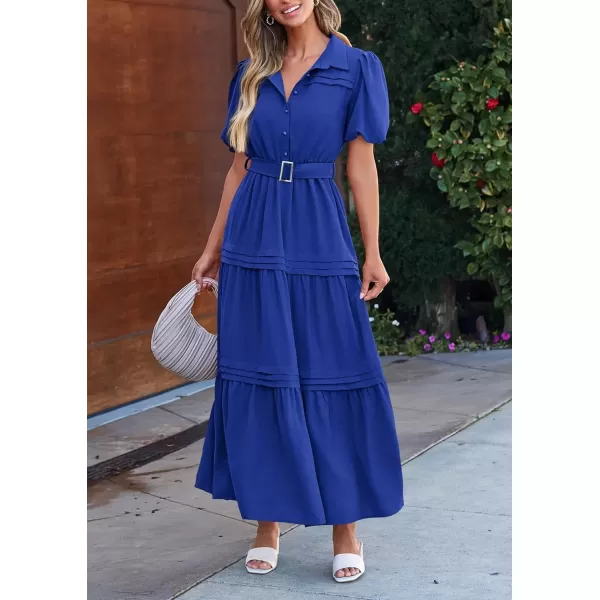 imagePRETTYGARDEN Womens Summer Maxi Dress Puff Short Sleeve Lapel V Neck Tiered A Line Flowy Elegant Party Dresses with BeltRoyal Blue