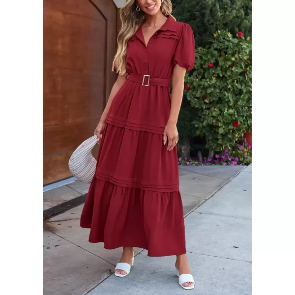 imagePRETTYGARDEN Womens Summer Maxi Dress Puff Short Sleeve Lapel V Neck Tiered A Line Flowy Elegant Party Dresses with BeltWine Red
