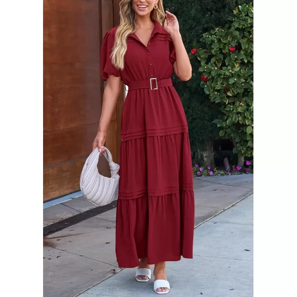imagePRETTYGARDEN Womens Summer Maxi Dress Puff Short Sleeve Lapel V Neck Tiered A Line Flowy Elegant Party Dresses with BeltWine Red