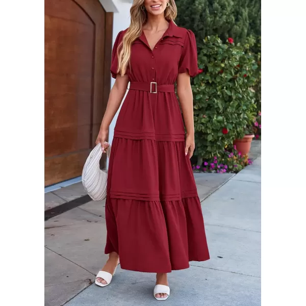 imagePRETTYGARDEN Womens Summer Maxi Dress Puff Short Sleeve Lapel V Neck Tiered A Line Flowy Elegant Party Dresses with BeltWine Red
