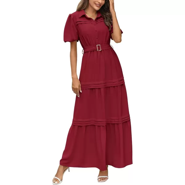 imagePRETTYGARDEN Womens Summer Maxi Dress Puff Short Sleeve Lapel V Neck Tiered A Line Flowy Elegant Party Dresses with BeltWine Red