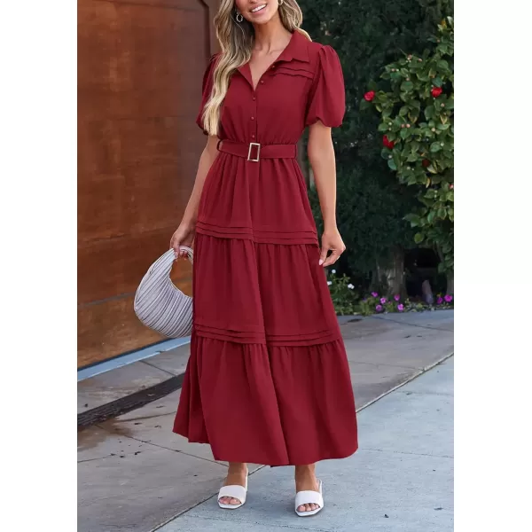 imagePRETTYGARDEN Womens Summer Maxi Dress Puff Short Sleeve Lapel V Neck Tiered A Line Flowy Elegant Party Dresses with BeltWine Red