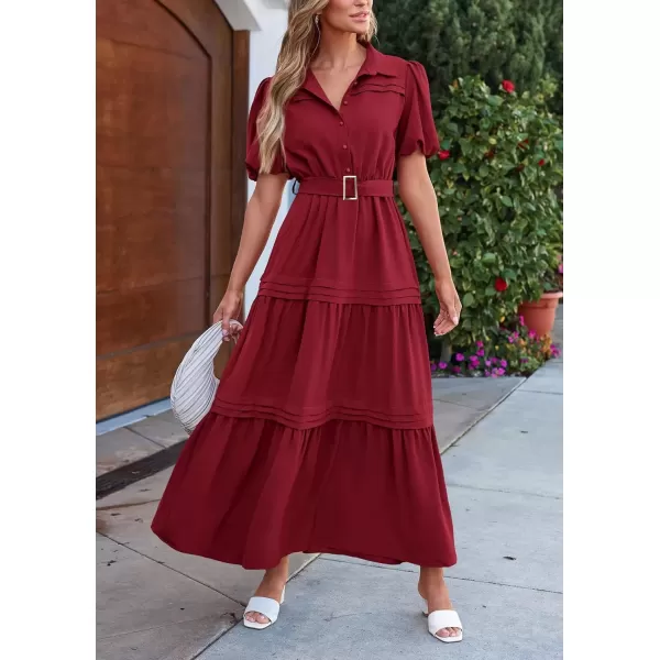 imagePRETTYGARDEN Womens Summer Maxi Dress Puff Short Sleeve Lapel V Neck Tiered A Line Flowy Elegant Party Dresses with BeltWine Red