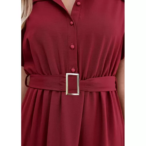 imagePRETTYGARDEN Womens Summer Maxi Dress Puff Short Sleeve Lapel V Neck Tiered A Line Flowy Elegant Party Dresses with BeltWine Red