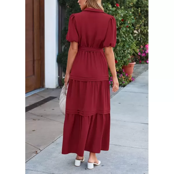 imagePRETTYGARDEN Womens Summer Maxi Dress Puff Short Sleeve Lapel V Neck Tiered A Line Flowy Elegant Party Dresses with BeltWine Red