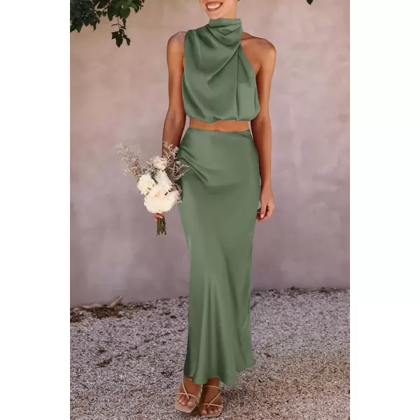 imagePRETTYGARDEN Womens 2 Piece Satin Outfits Summer Sleeveless Mock Neck Crop Tops And Long Skirt Dress SetsArmy Green