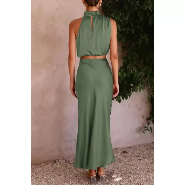 imagePRETTYGARDEN Womens 2 Piece Satin Outfits Summer Sleeveless Mock Neck Crop Tops And Long Skirt Dress SetsArmy Green