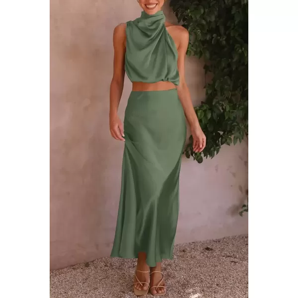 imagePRETTYGARDEN Womens 2 Piece Satin Outfits Summer Sleeveless Mock Neck Crop Tops And Long Skirt Dress SetsArmy Green