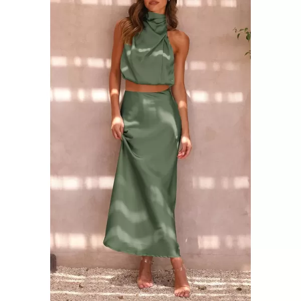 imagePRETTYGARDEN Womens 2 Piece Satin Outfits Summer Sleeveless Mock Neck Crop Tops And Long Skirt Dress SetsArmy Green