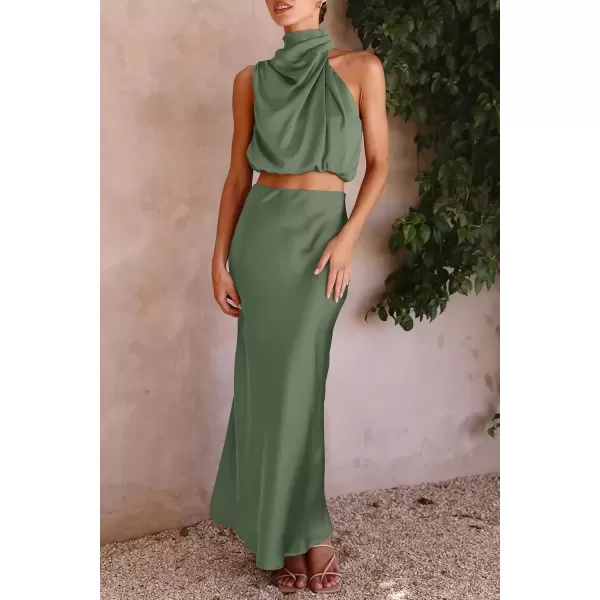 imagePRETTYGARDEN Womens 2 Piece Satin Outfits Summer Sleeveless Mock Neck Crop Tops And Long Skirt Dress SetsArmy Green