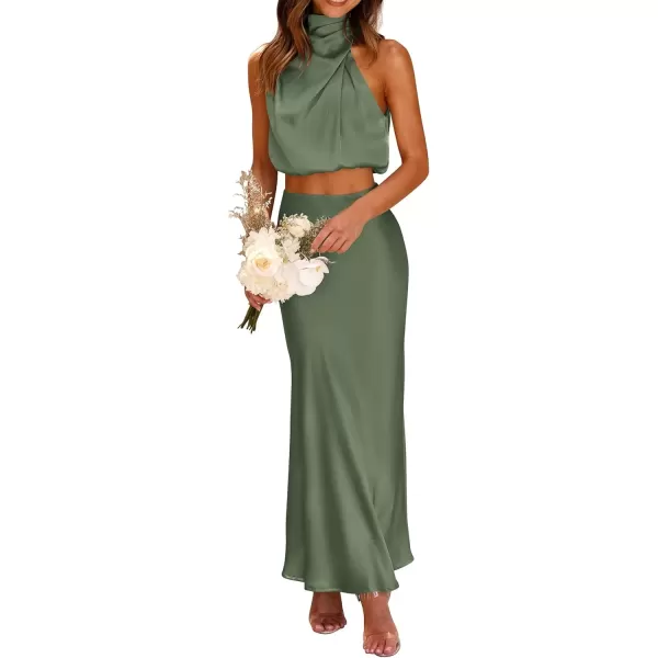 imagePRETTYGARDEN Womens 2 Piece Satin Outfits Summer Sleeveless Mock Neck Crop Tops And Long Skirt Dress SetsArmy Green