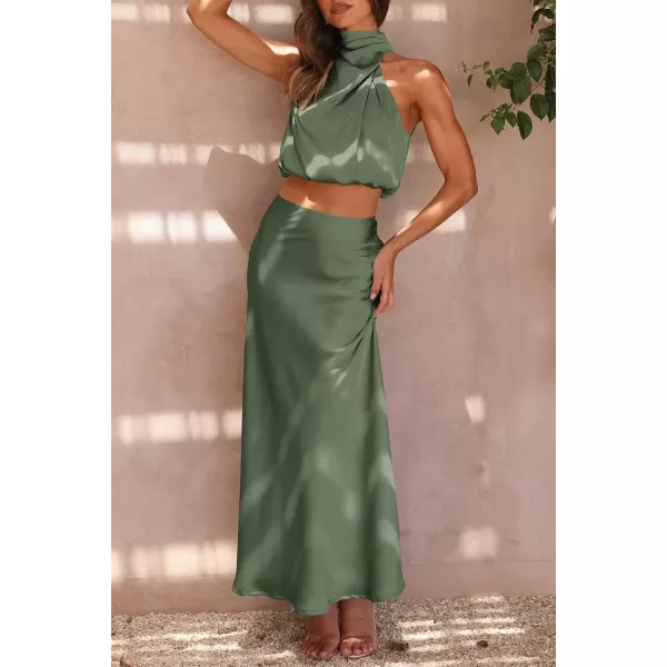 imagePRETTYGARDEN Womens 2 Piece Satin Outfits Summer Sleeveless Mock Neck Crop Tops And Long Skirt Dress SetsArmy Green