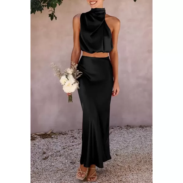 imagePRETTYGARDEN Womens 2 Piece Satin Outfits Summer Sleeveless Mock Neck Crop Tops And Long Skirt Dress SetsBlack