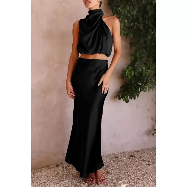 imagePRETTYGARDEN Womens 2 Piece Satin Outfits Summer Sleeveless Mock Neck Crop Tops And Long Skirt Dress SetsBlack