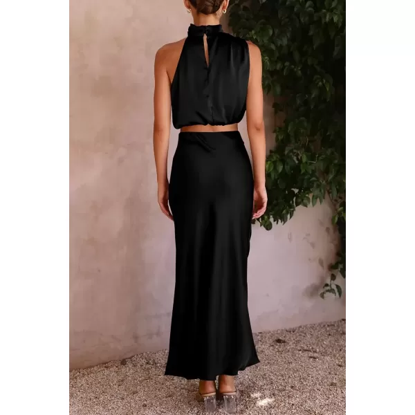 imagePRETTYGARDEN Womens 2 Piece Satin Outfits Summer Sleeveless Mock Neck Crop Tops And Long Skirt Dress SetsBlack