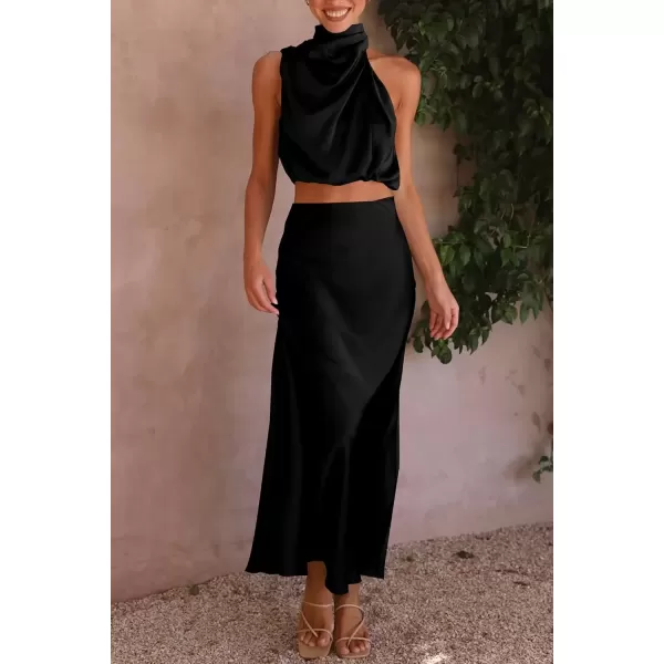 imagePRETTYGARDEN Womens 2 Piece Satin Outfits Summer Sleeveless Mock Neck Crop Tops And Long Skirt Dress SetsBlack