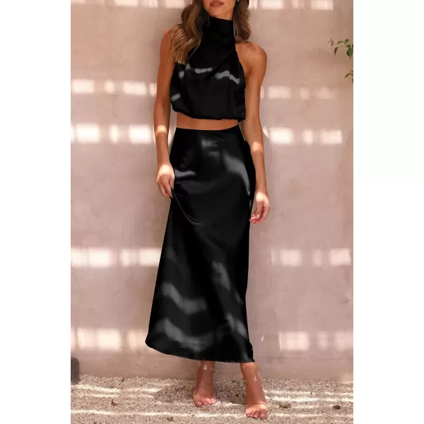 imagePRETTYGARDEN Womens 2 Piece Satin Outfits Summer Sleeveless Mock Neck Crop Tops And Long Skirt Dress SetsBlack