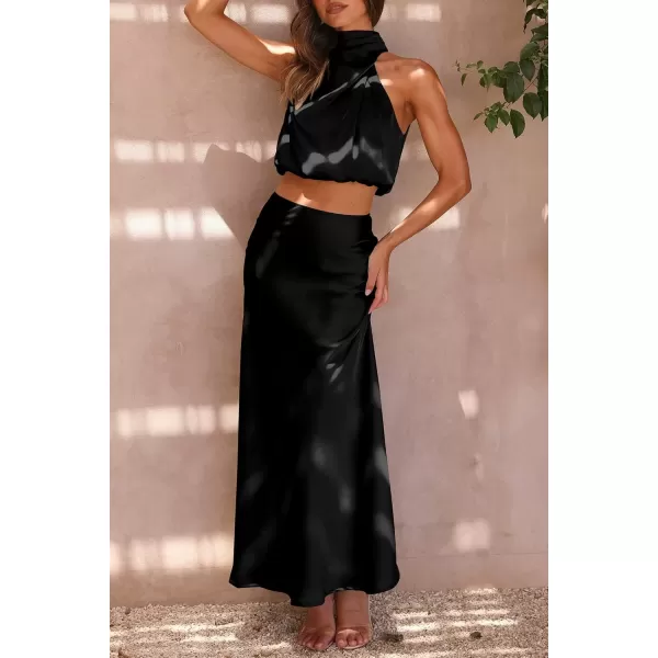 imagePRETTYGARDEN Womens 2 Piece Satin Outfits Summer Sleeveless Mock Neck Crop Tops And Long Skirt Dress SetsBlack