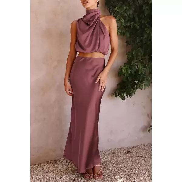 imagePRETTYGARDEN Womens 2 Piece Satin Outfits Summer Sleeveless Mock Neck Crop Tops And Long Skirt Dress SetsBrick Red