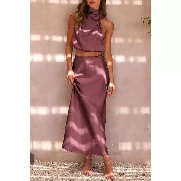 imagePRETTYGARDEN Womens 2 Piece Satin Outfits Summer Sleeveless Mock Neck Crop Tops And Long Skirt Dress SetsBrick Red