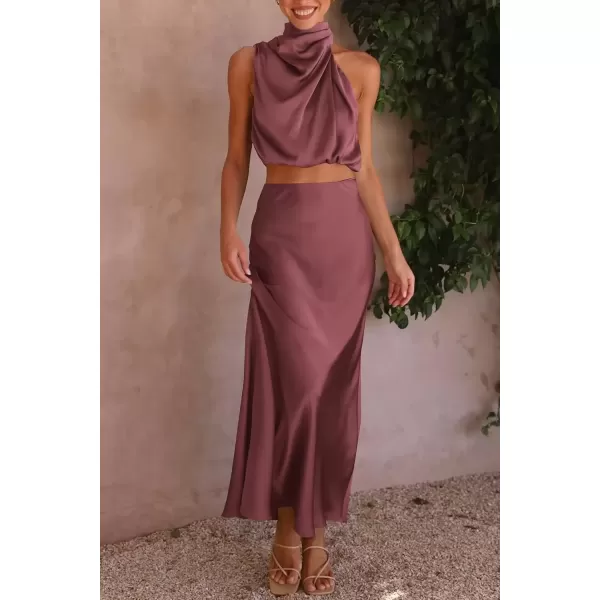 imagePRETTYGARDEN Womens 2 Piece Satin Outfits Summer Sleeveless Mock Neck Crop Tops And Long Skirt Dress SetsBrick Red