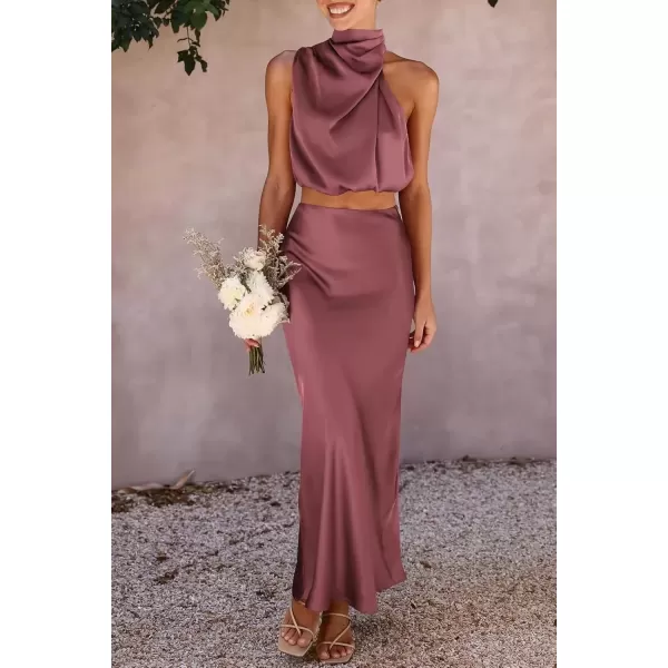 imagePRETTYGARDEN Womens 2 Piece Satin Outfits Summer Sleeveless Mock Neck Crop Tops And Long Skirt Dress SetsBrick Red