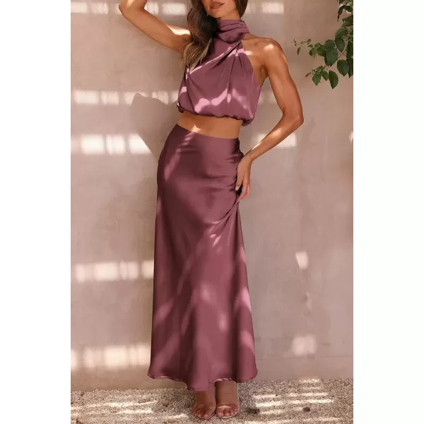 imagePRETTYGARDEN Womens 2 Piece Satin Outfits Summer Sleeveless Mock Neck Crop Tops And Long Skirt Dress SetsBrick Red