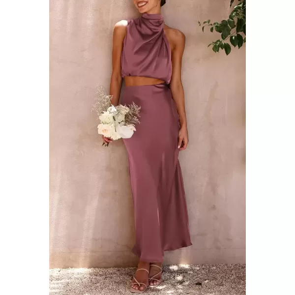 imagePRETTYGARDEN Womens 2 Piece Satin Outfits Summer Sleeveless Mock Neck Crop Tops And Long Skirt Dress SetsBrick Red
