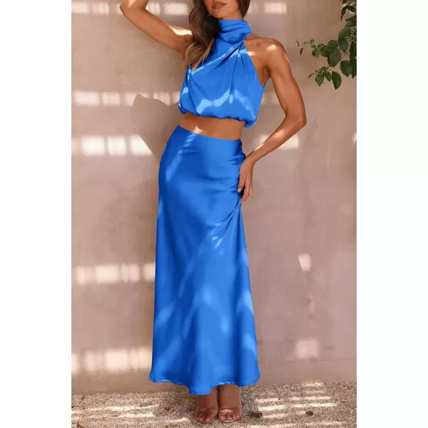 imagePRETTYGARDEN Womens 2 Piece Satin Outfits Summer Sleeveless Mock Neck Crop Tops And Long Skirt Dress SetsBrilliant Blue
