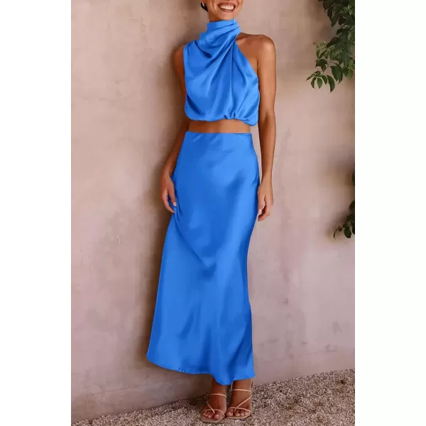 imagePRETTYGARDEN Womens 2 Piece Satin Outfits Summer Sleeveless Mock Neck Crop Tops And Long Skirt Dress SetsBrilliant Blue