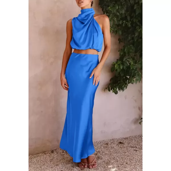 imagePRETTYGARDEN Womens 2 Piece Satin Outfits Summer Sleeveless Mock Neck Crop Tops And Long Skirt Dress SetsBrilliant Blue