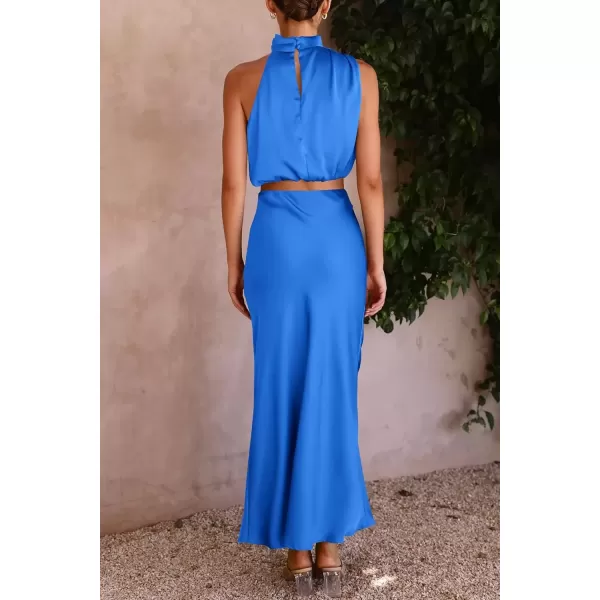 imagePRETTYGARDEN Womens 2 Piece Satin Outfits Summer Sleeveless Mock Neck Crop Tops And Long Skirt Dress SetsBrilliant Blue