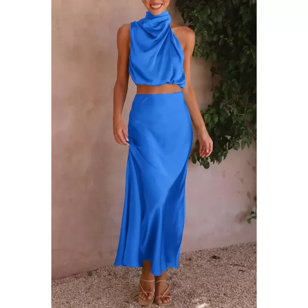 imagePRETTYGARDEN Womens 2 Piece Satin Outfits Summer Sleeveless Mock Neck Crop Tops And Long Skirt Dress SetsBrilliant Blue