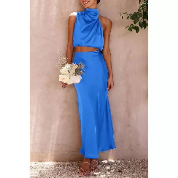 imagePRETTYGARDEN Womens 2 Piece Satin Outfits Summer Sleeveless Mock Neck Crop Tops And Long Skirt Dress SetsBrilliant Blue