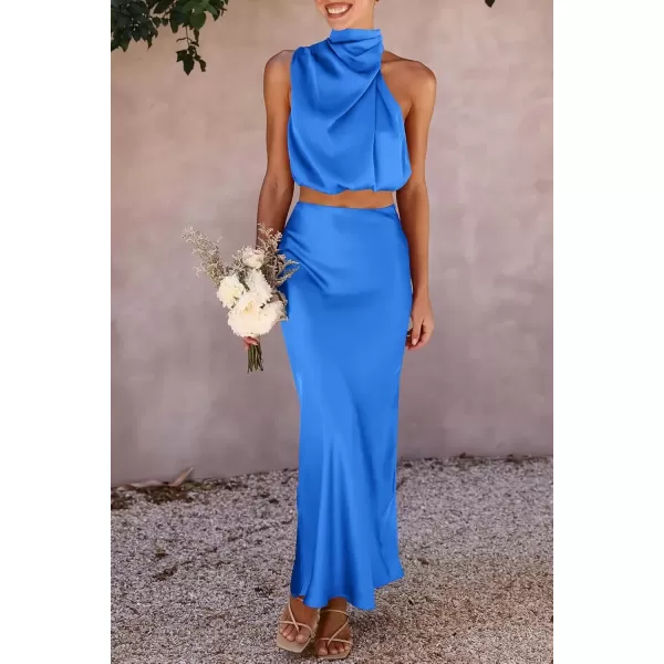 imagePRETTYGARDEN Womens 2 Piece Satin Outfits Summer Sleeveless Mock Neck Crop Tops And Long Skirt Dress SetsBrilliant Blue