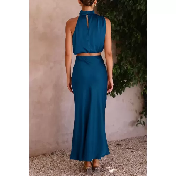 imagePRETTYGARDEN Womens 2 Piece Satin Outfits Summer Sleeveless Mock Neck Crop Tops And Long Skirt Dress SetsDark Blue
