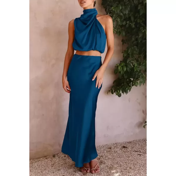imagePRETTYGARDEN Womens 2 Piece Satin Outfits Summer Sleeveless Mock Neck Crop Tops And Long Skirt Dress SetsDark Blue
