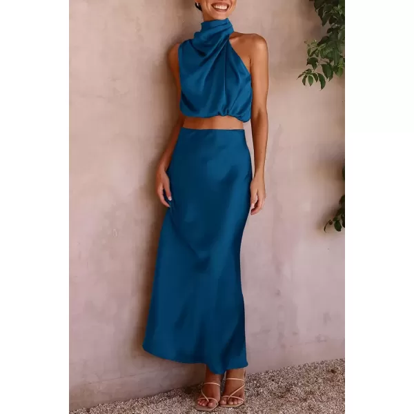 imagePRETTYGARDEN Womens 2 Piece Satin Outfits Summer Sleeveless Mock Neck Crop Tops And Long Skirt Dress SetsDark Blue